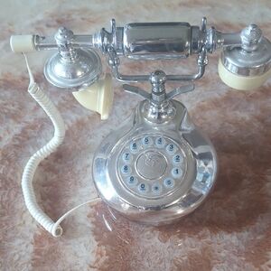 Vintage Style Rotary Dial Telephone - Silver and Cream